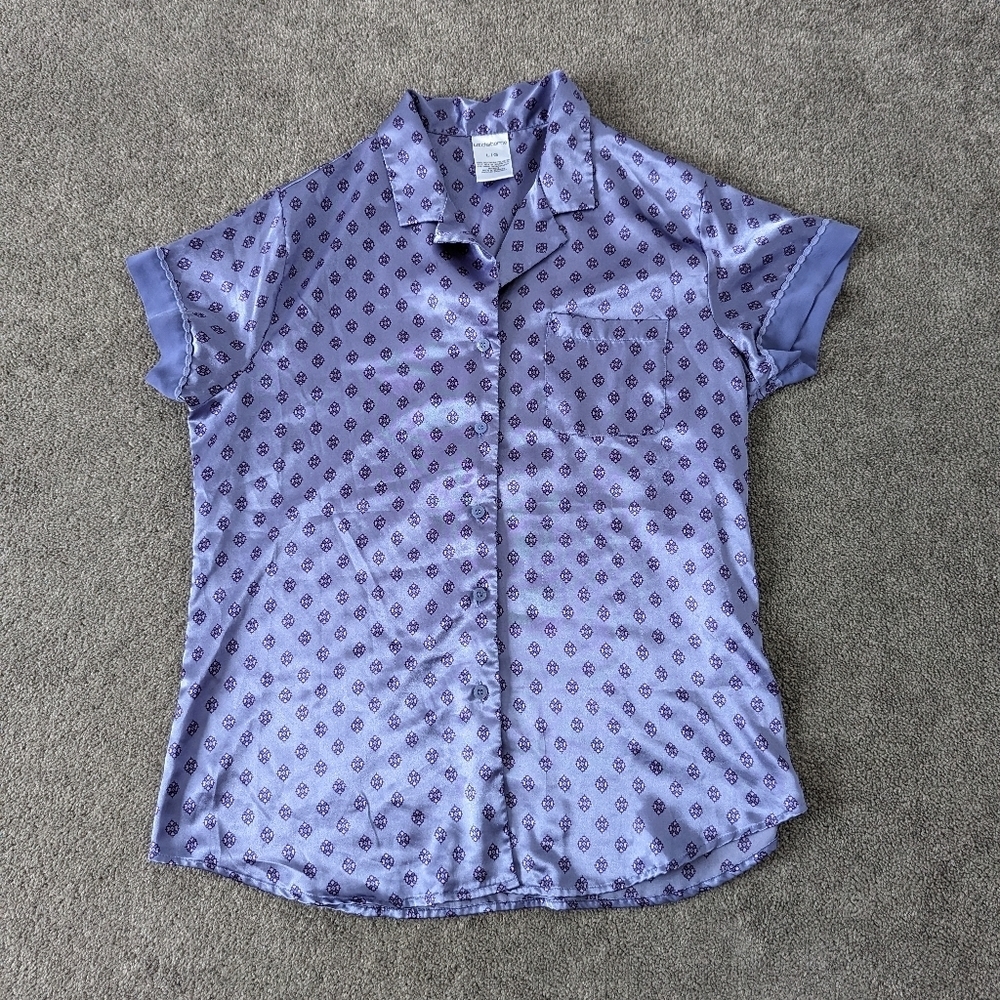 Liz Claiborne Women's Satin Purple Pajama Top Size Large Button Down Shirt